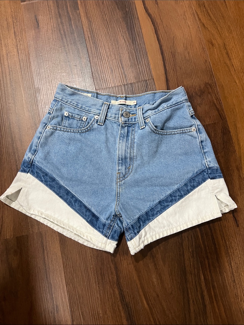 Denim Colorblock High-Waist Women's Shorts - Light Blue & White
